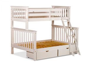Pine bunk beds for sale, smaller over larger, with sturdy wooden ladders