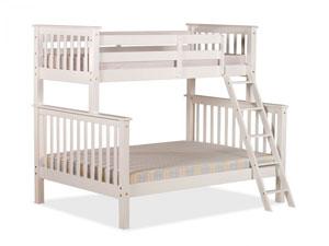 Pine bunk beds for sale, smaller over larger, with sturdy wooden ladders
