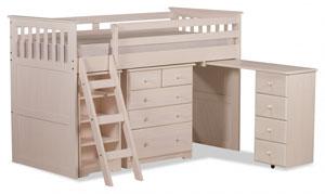 White wooden mid sleeper with desk, drawers, bookcase, perfect for any kids bedroom