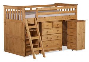 Waxed wooden mid sleeper with desk, drawers, bookcase, perfect for any kids bedroom